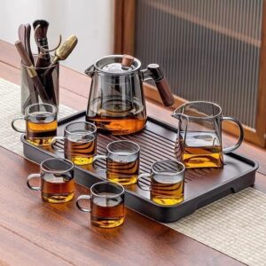 Contemporary Clear Glass Tea Maker Set with Wooden Tray