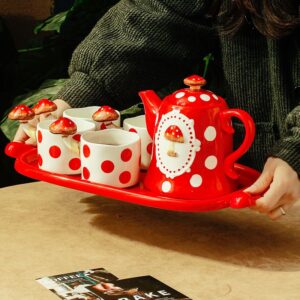 Polka Dot Festive Red Ceramic Teapot and Cup Set