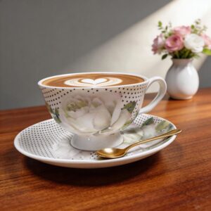 Embossed White Porcelain Cappuccino Cup and Saucer