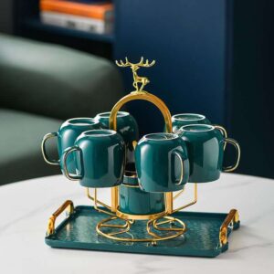 Emerald Green Mug Set with Gold Reindeer Rack