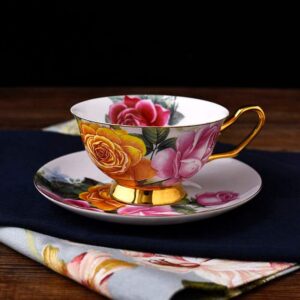 Vintage Rose Pattern Gold-Trimmed Teacup and Saucer
